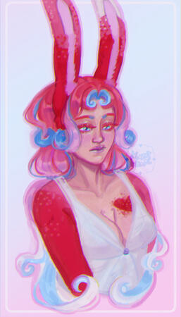 bust/halfbody illustration of my OC, Fancy, a rabbit shifter showing a rarer moment when she has a human face and torso (basically the same as when she's shifted more rabbit, but is skin instead of fur) She has red upright ears, with whire and red spots,